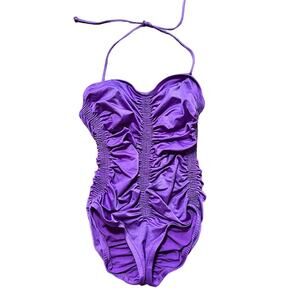 VTG 50s DE WEESE DESIGN Halter Tie Ruched One Piece Swimsuit in Purple SZ 6